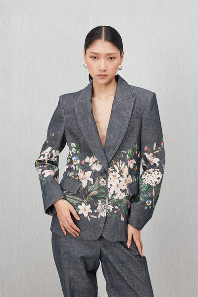Ranna Gill Serah Jacket in grey corduroy with floral print and structured fit.