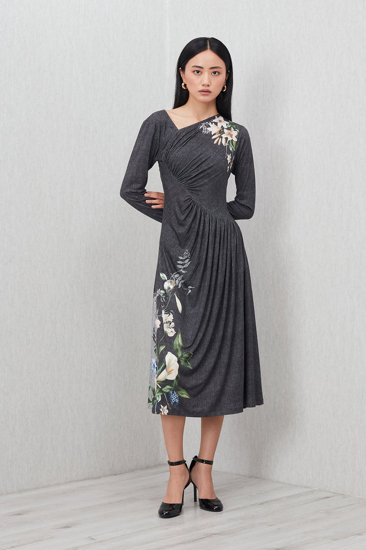 Callen Asymmetric Gathered Midi Dress XS