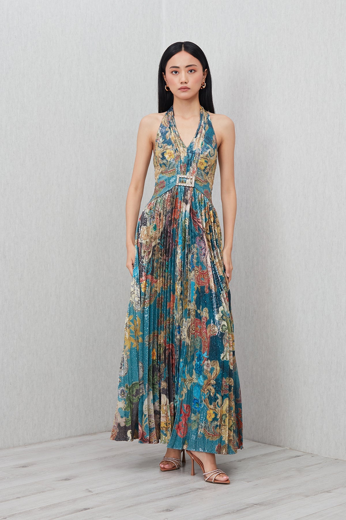 Ranna Gill Orlina Halter Neck Maxi Dress in multi-color sequin with Baroque print.