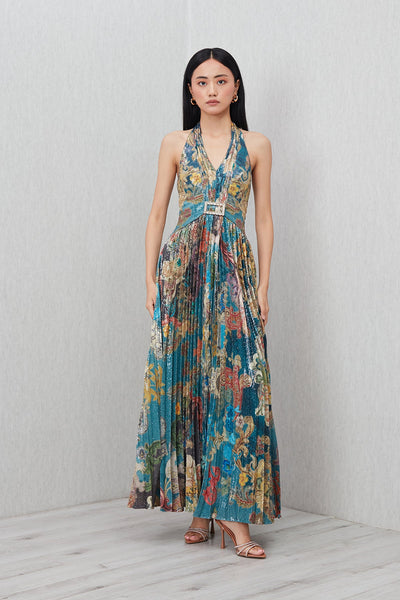 Ranna Gill Orlina Halter Neck Maxi Dress in multi-color sequin with Baroque print.