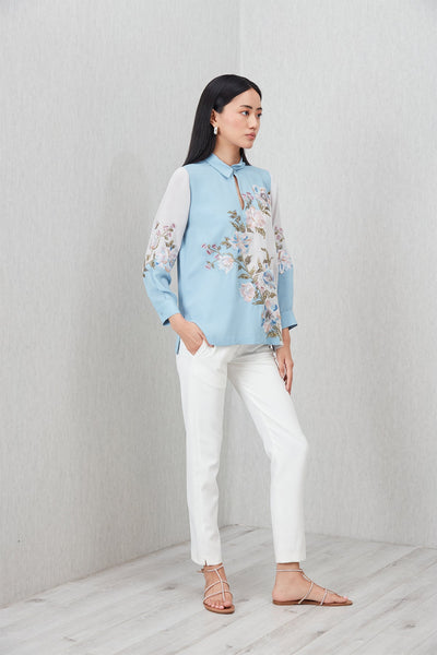 Ranna Gill Florensa Blouse in blue-grey georgette with floral embroidery, and band collar.