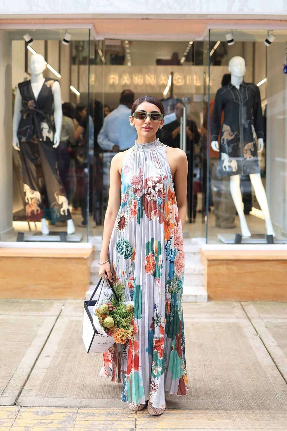 Ranna Gill Malaga Pleated Maxi Dress, high neckline floral maxi & pleated skirt.