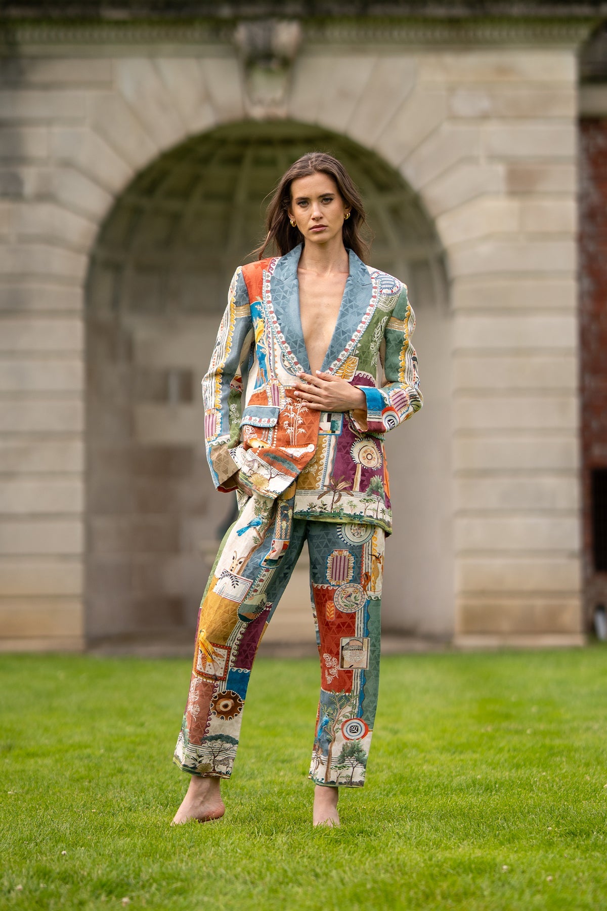 Ranna Gill Tina Pleated Rara Pants in linen viscose Santa Fe print with sharp pleats.