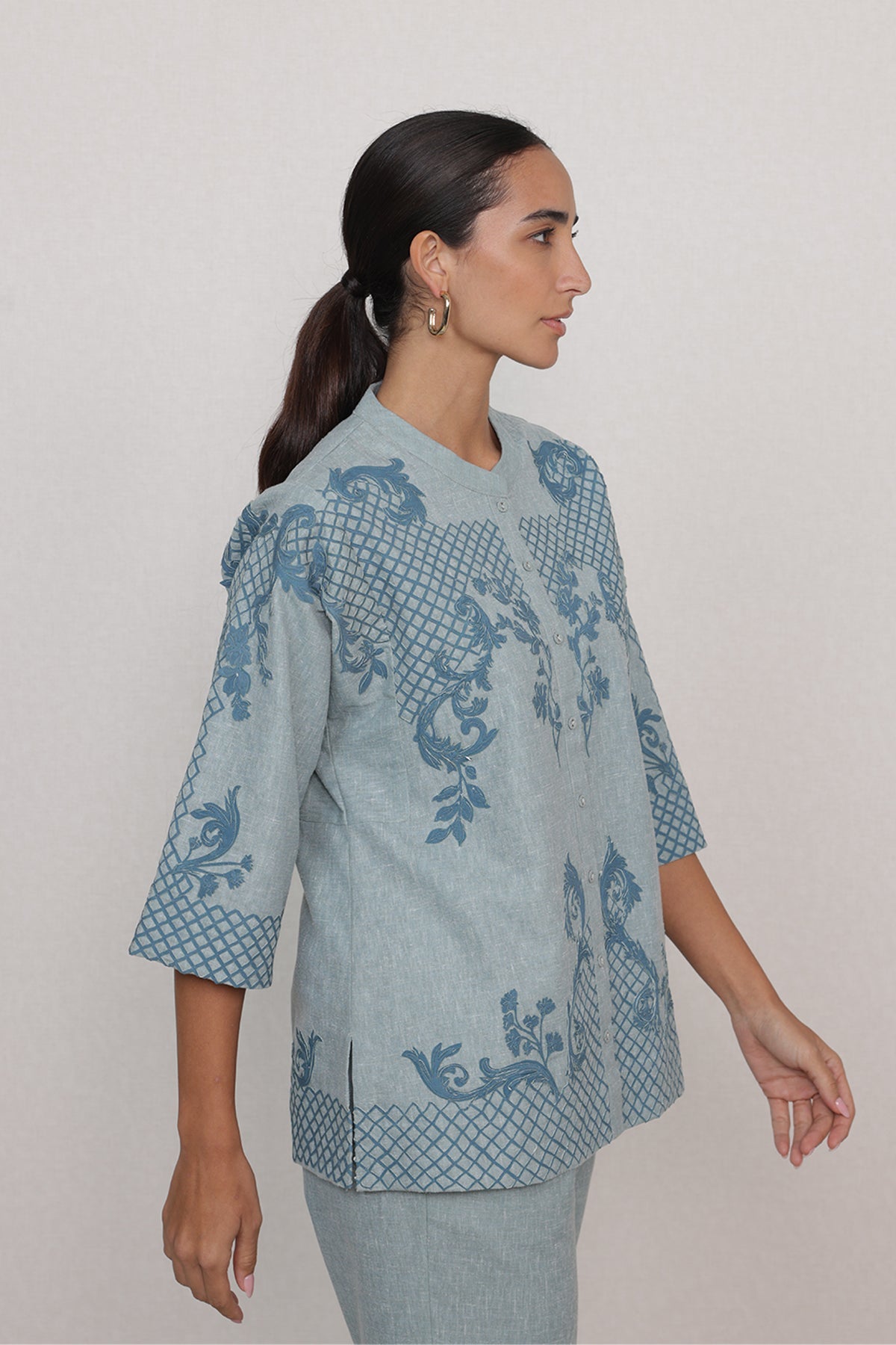 Ranna Gill Sovana Co-Ord Set in Blue Poly Flex with floral print.