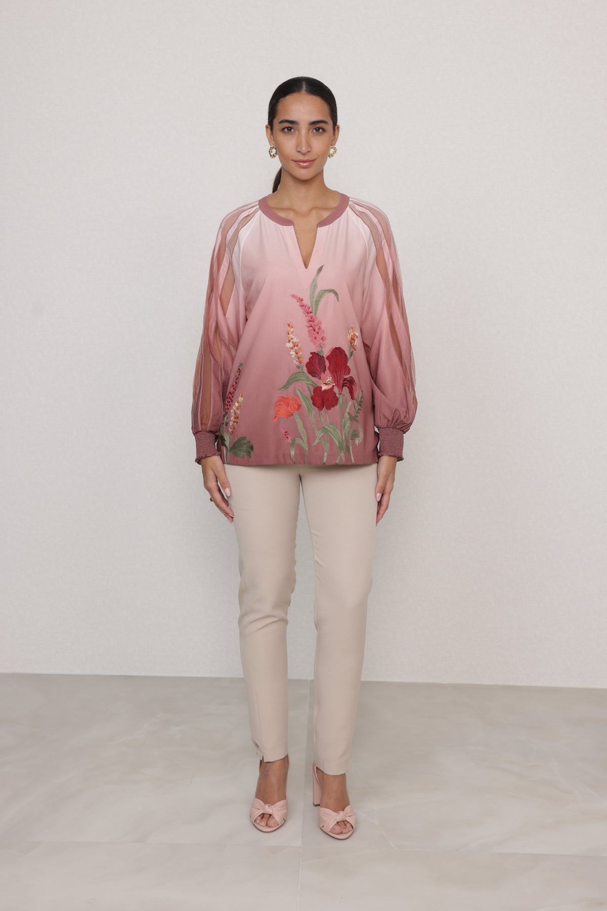 Ranna Gill Olivi Blouse in blush rose floral with sheer sleeves.