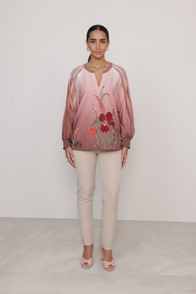 Ranna Gill Olivi Blouse in blush rose floral with sheer sleeves.