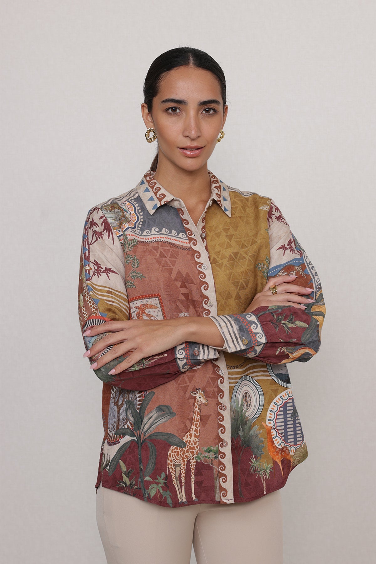 Ranna Gill Safari Mosaic Shirt in multi-color viscose linen with safari-inspired motifs.