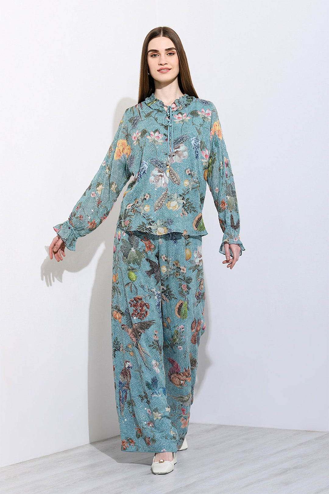 Ranna Gill Fiorella Dolman Co-ord Set in green Georgette.