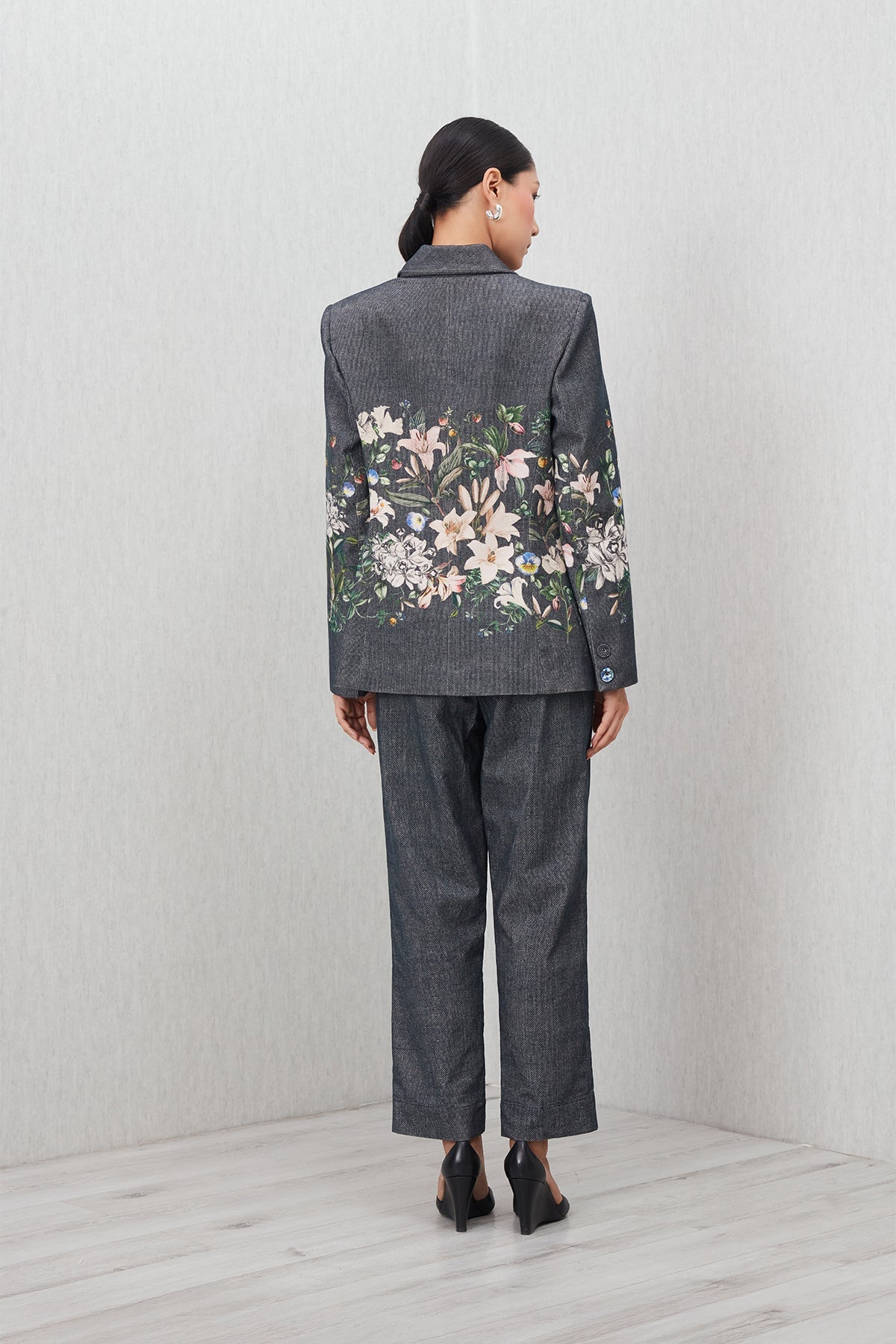 Ranna Gill Serah Jacket in grey corduroy with floral print and structured fit.