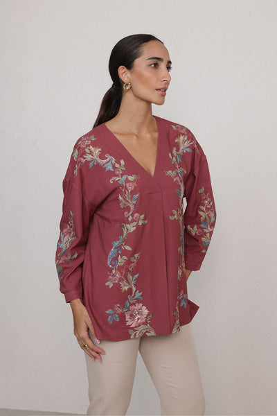 Ranna Gill Amber Blouse in rust red with vine embroidery & V-neckline.