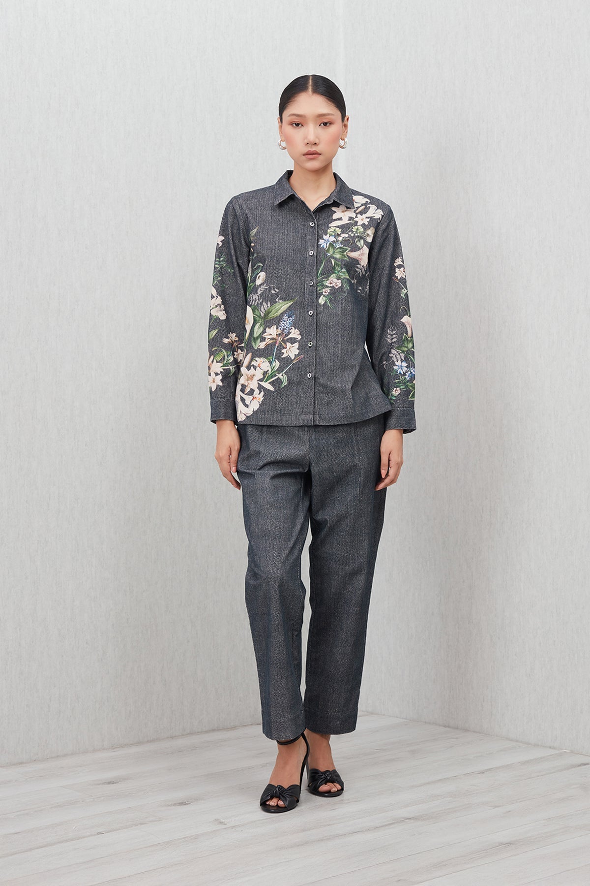 Ranna Gill Valorie Buttondown Shirt a dark gray shirt with floral patterns.