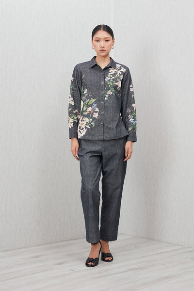 Ranna Gill Valorie Buttondown Shirt a dark gray shirt with floral patterns.