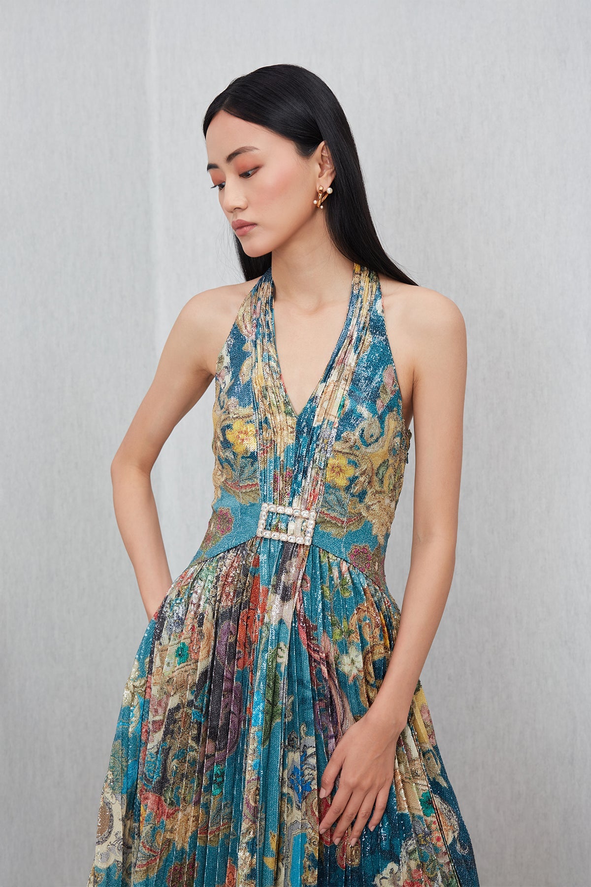 Ranna Gill Orlina Halter Neck Maxi Dress in multi-color sequin with Baroque print.