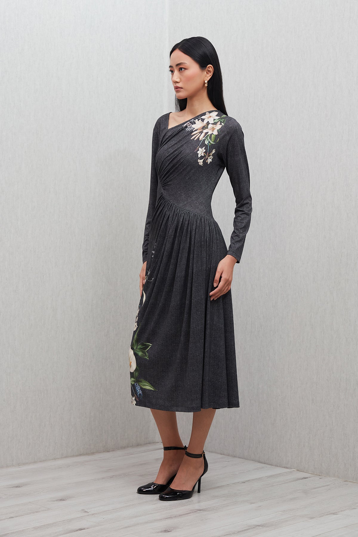 Callen Asymmetric Gathered Midi Dress