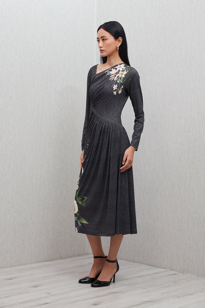 Callen Asymmetric Gathered Midi Dress