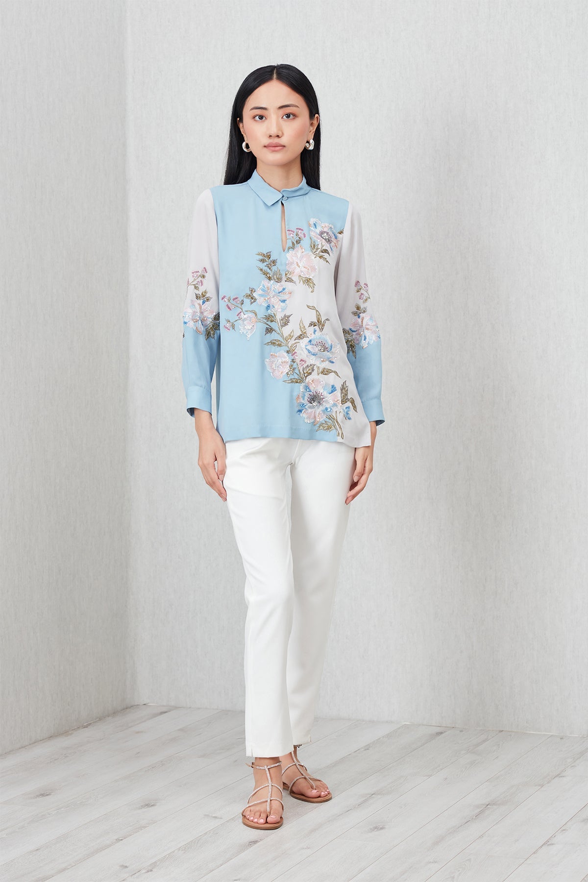 Ranna Gill Florensa Blouse in blue-grey georgette with floral embroidery, and band collar.