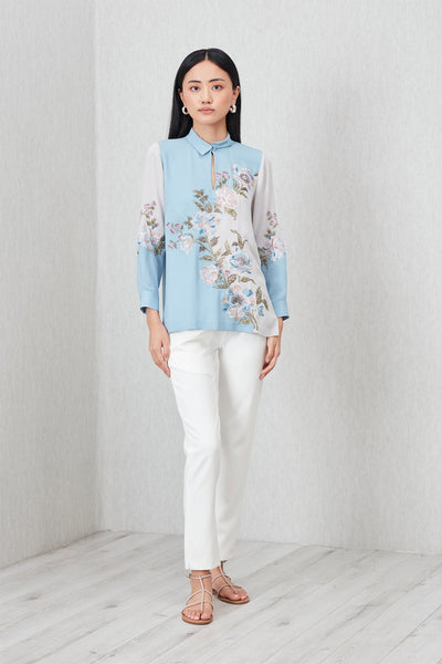 Ranna Gill Florensa Blouse in blue-grey georgette with floral embroidery, and band collar.