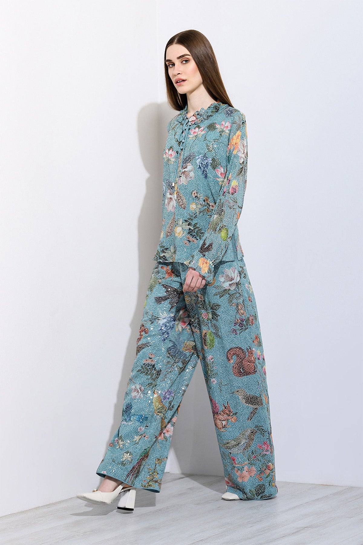 Ranna Gill Fiorella Dolman Co-ord Set in green Georgette.