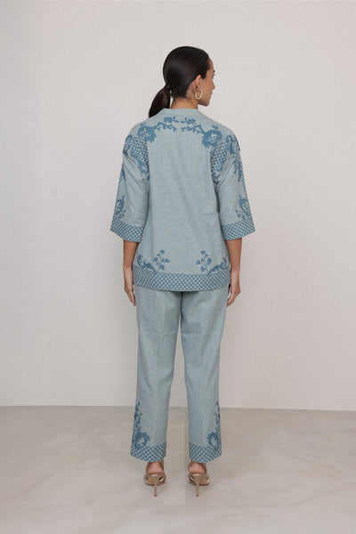 Ranna Gill Sovana Co-Ord Set in Blue Poly Flex with floral print.