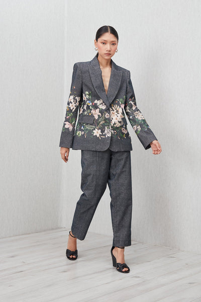 Ranna Gill Serah Jacket in grey corduroy with floral print and structured fit.