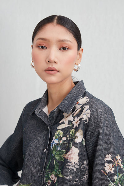 Ranna Gill Valorie Buttondown Shirt a dark gray shirt with floral patterns.