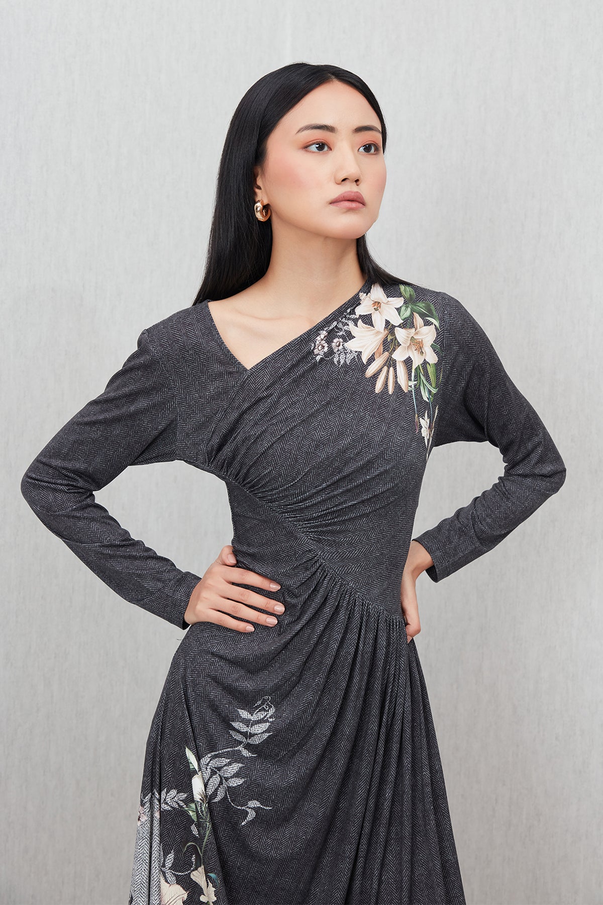 Callen Asymmetric Gathered Midi Dress