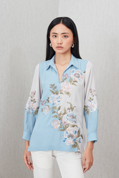 Ranna Gill Florensa Blouse in blue-grey georgette with floral embroidery.