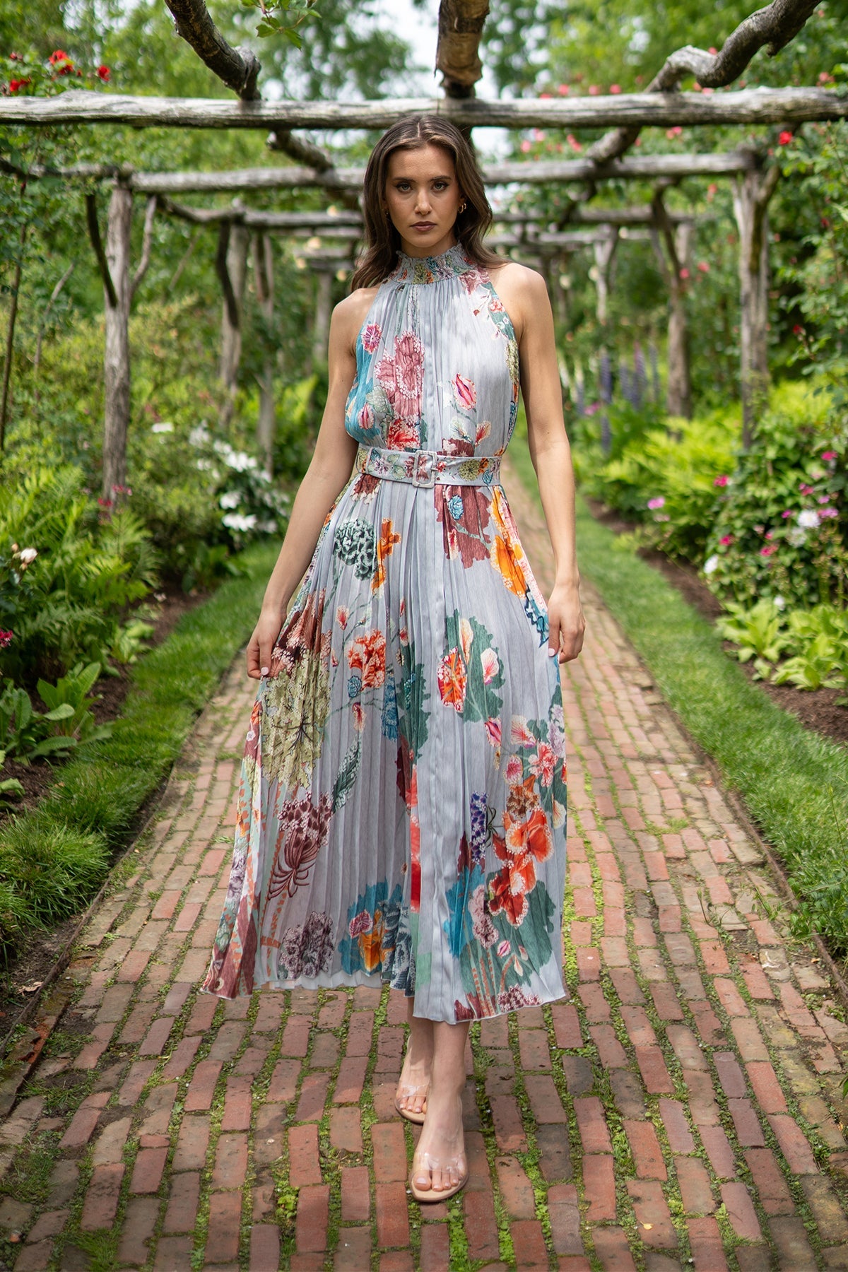 Ranna Gill Malaga Pleated Maxi Dress, high neckline floral maxi & pleated skirt.