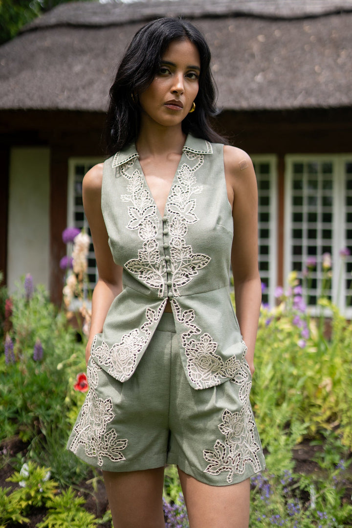 Green Embroidered designer kai v-neck top from Ranna gill.