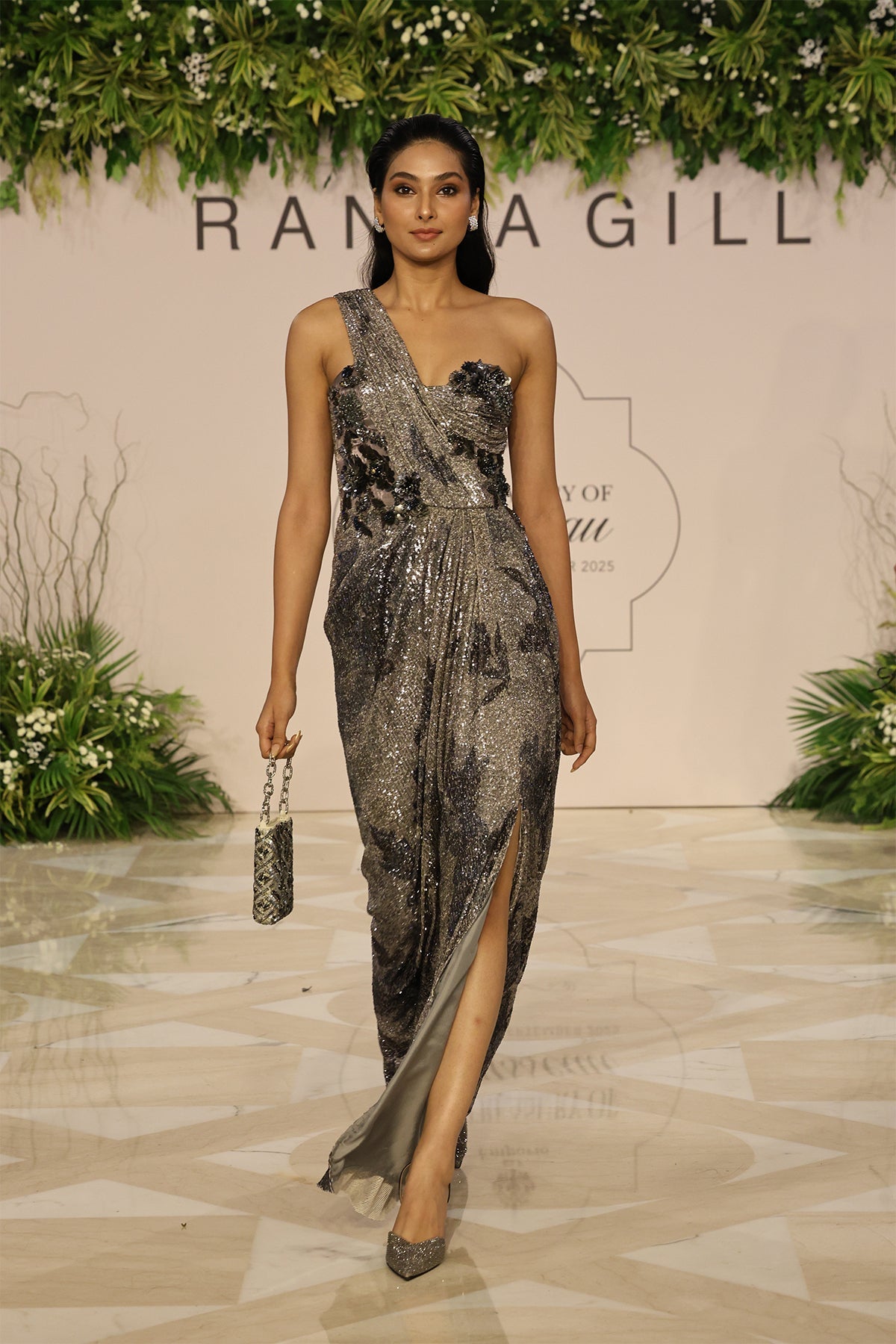 Ranna Gill Emberline Grey One Shoulder Floral Sequin Drape Gown.