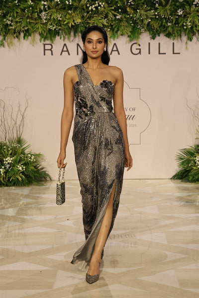 Ranna Gill Emberline Grey One Shoulder Floral Sequin Drape Gown.