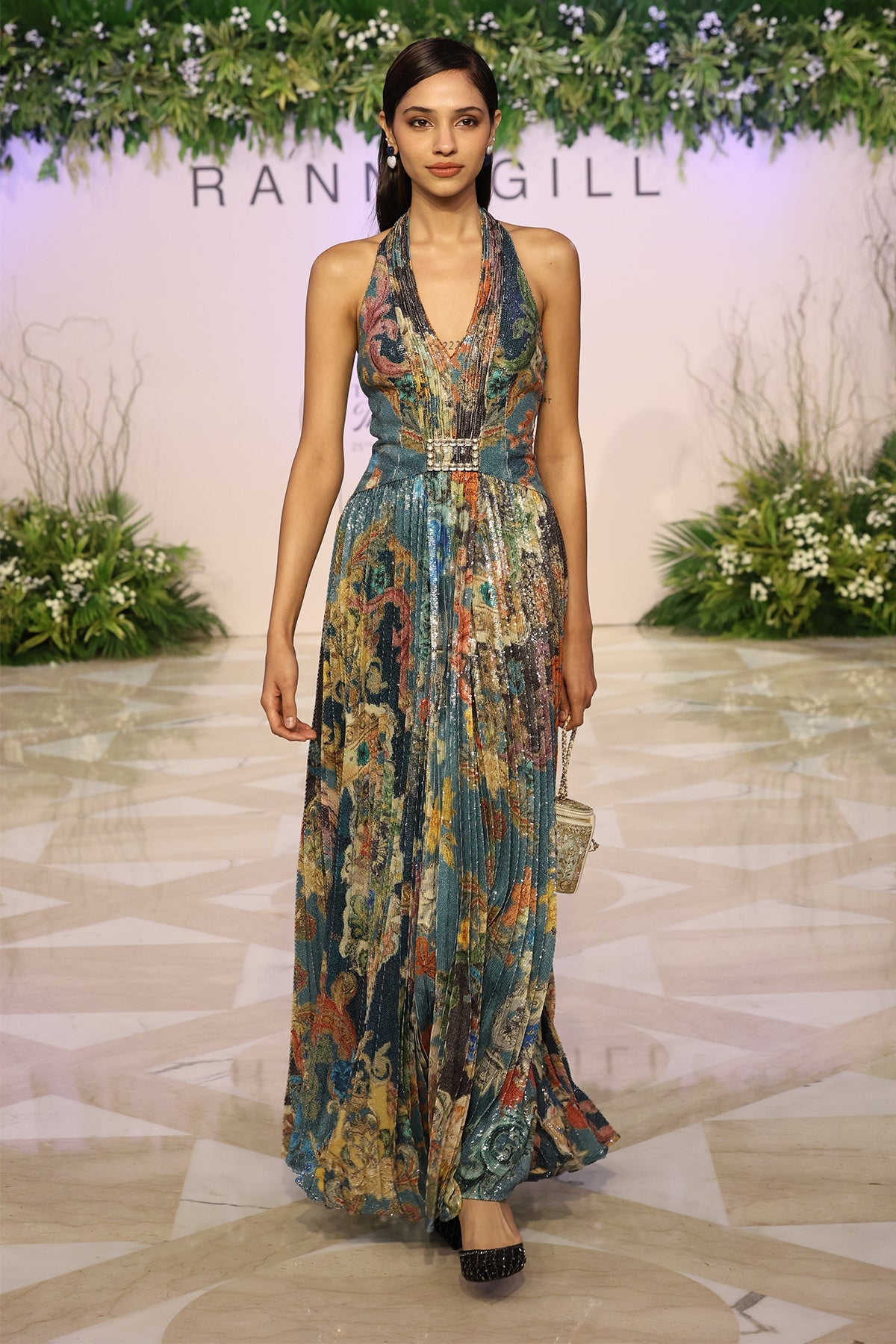 Ranna Gill Orlina Halter Neck Maxi Dress in multi-color sequin with Baroque print.