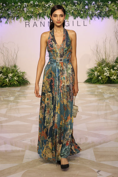 Ranna Gill Orlina Halter Neck Maxi Dress in multi-color sequin with Baroque print.