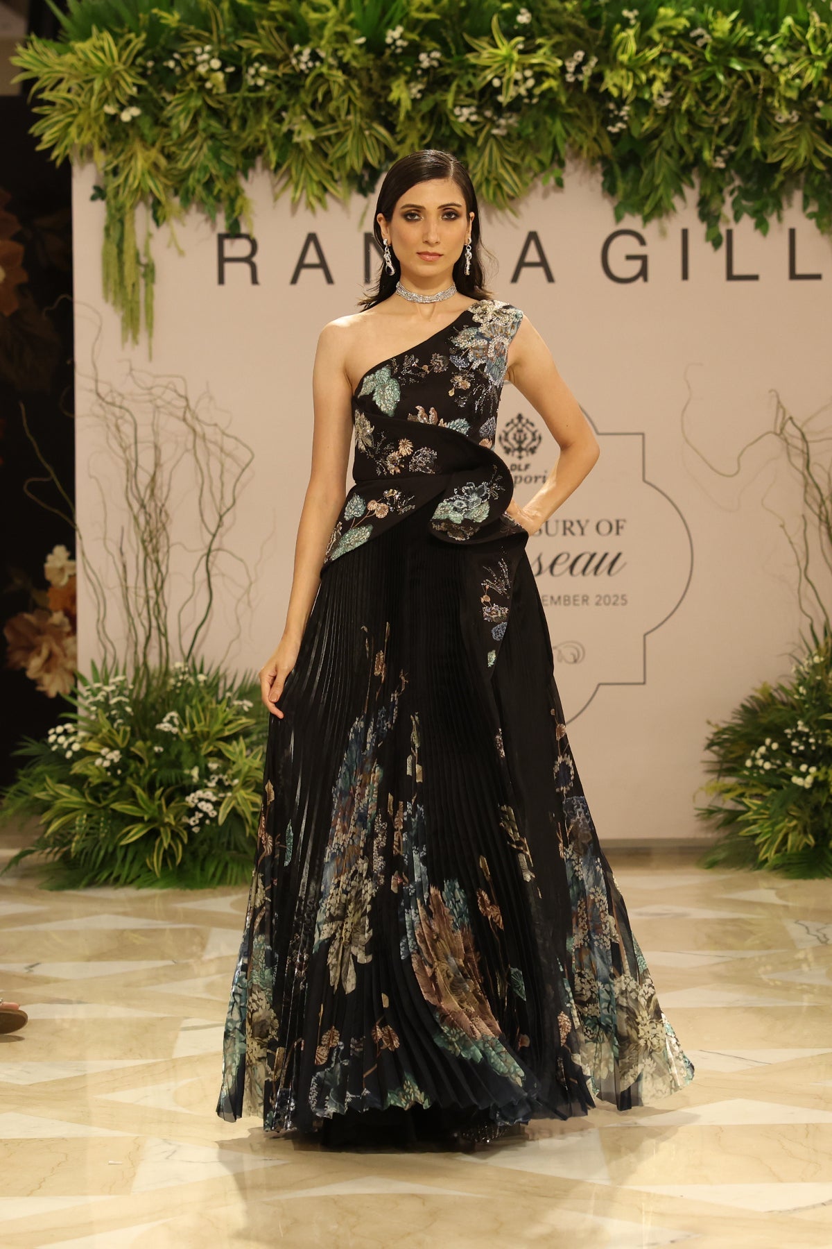 Ranna Gill Selesta One Shoulder Pleated Designer Gown in black-blue ombre.