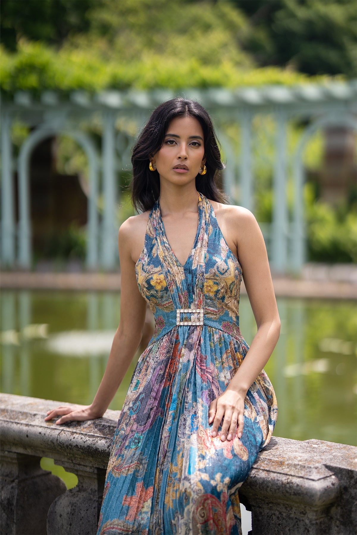 Ranna Gill Orlina Halter Neck Maxi Dress in multi-color sequin with Baroque print.