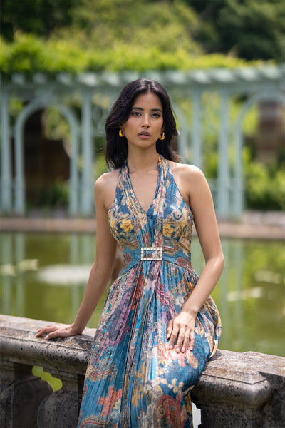 Ranna Gill Orlina Halter Neck Maxi Dress in multi-color sequin with Baroque print.