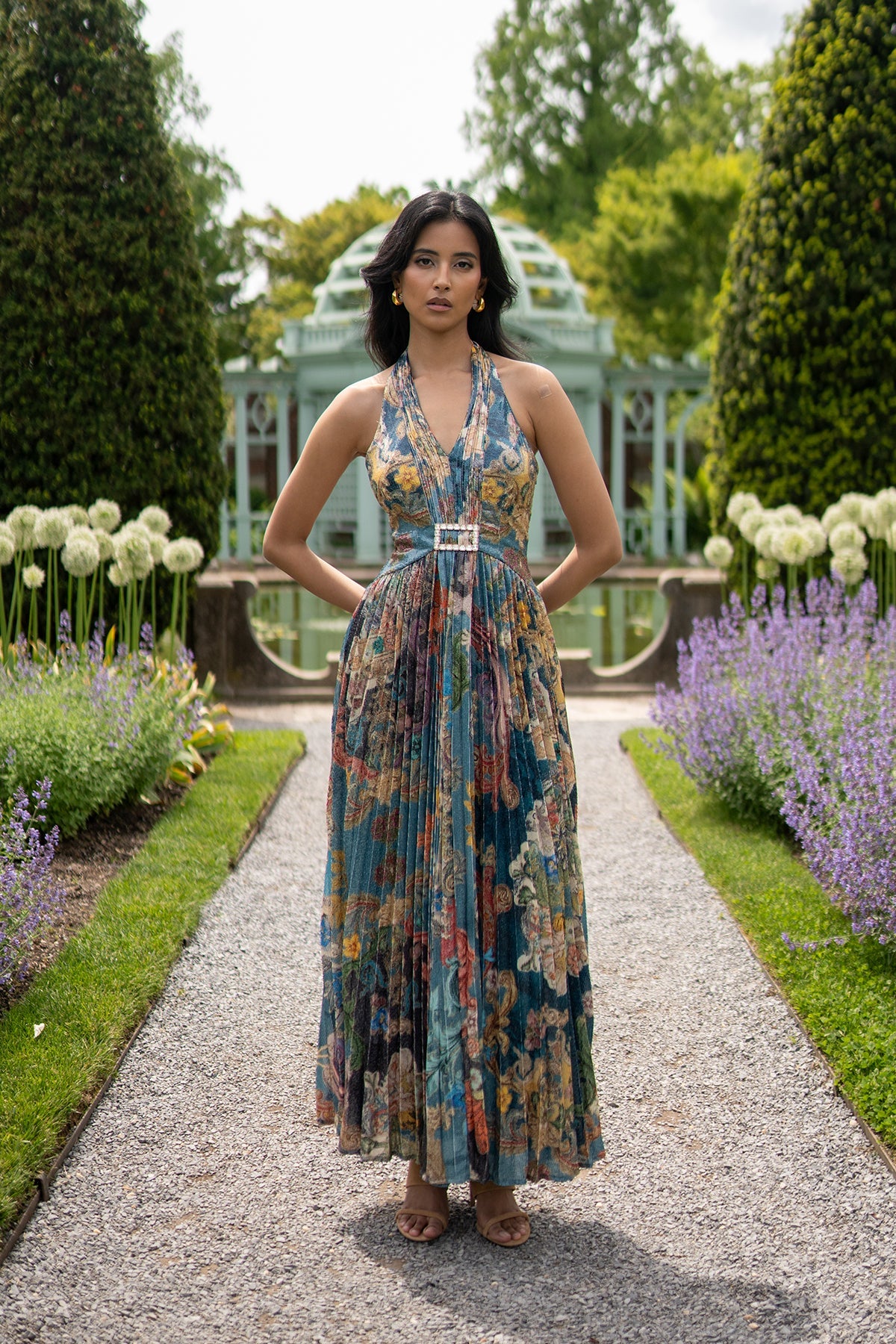 Ranna Gill Orlina Halter Neck Maxi Dress in multi-color sequin with Baroque print.