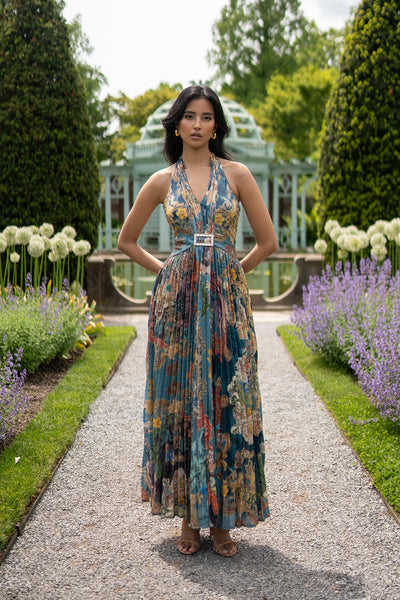 Ranna Gill Orlina Halter Neck Maxi Dress in multi-color sequin with Baroque print.