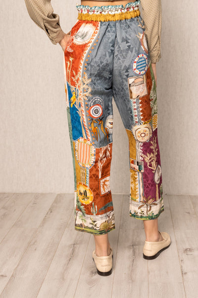 Ranna Gill Tina Pleated Rara Pants in linen viscose Santa Fe print with sharp pleats.