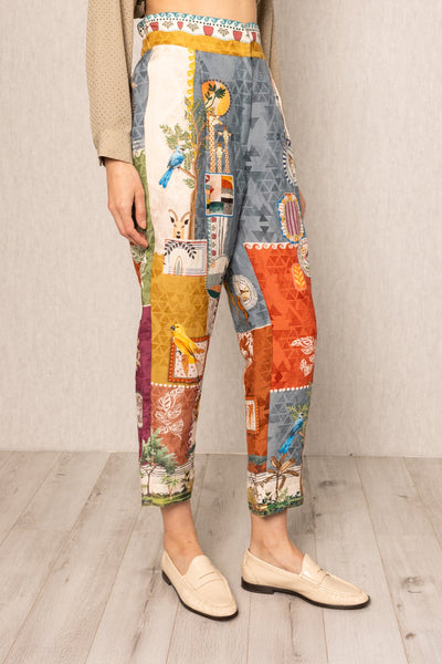 Ranna Gill Tina Pleated Rara Pants in linen viscose Santa Fe print with sharp pleats.