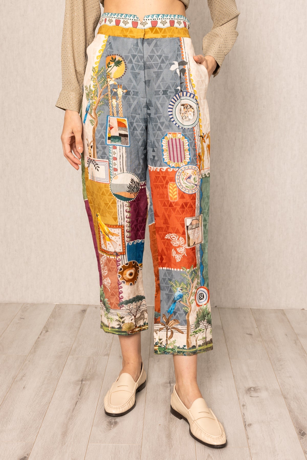 Ranna Gill Tina Pleated Rara Pants in linen viscose Santa Fe print with sharp pleats.