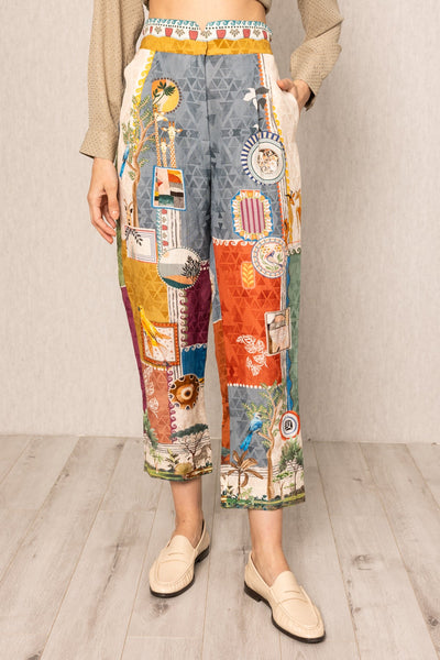 Ranna Gill Tina Pleated Rara Pants in linen viscose Santa Fe print with sharp pleats.