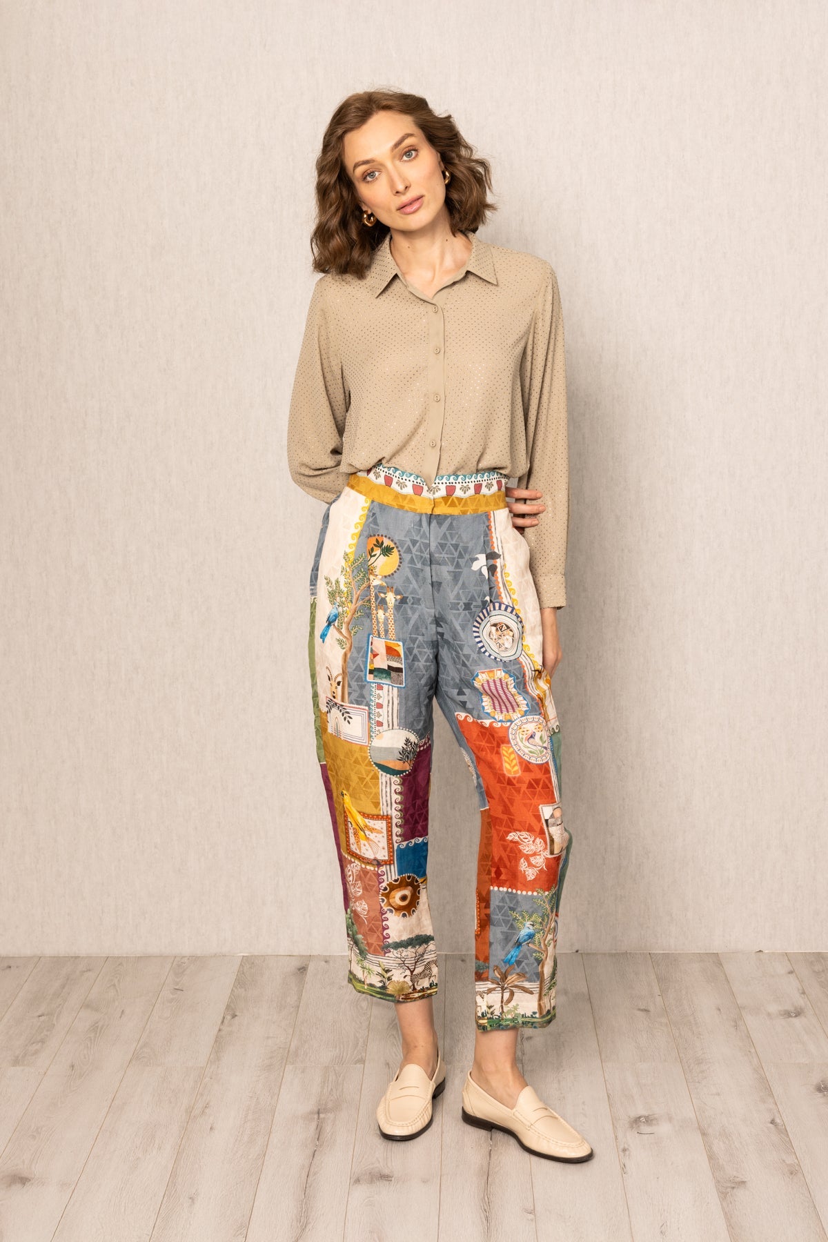 Ranna Gill Tina Pleated Rara Pants in linen viscose Santa Fe print with sharp pleats.