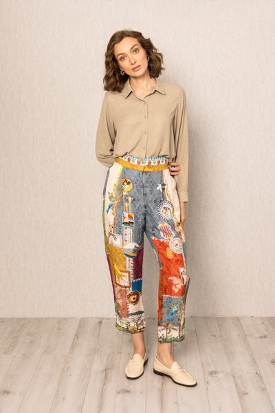 Ranna Gill Tina Pleated Rara Pants in linen viscose Santa Fe print with sharp pleats.
