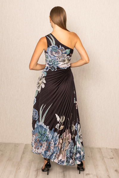 Amelia Asymmetric Pleated Dress by Ranna Gill in one shoulder design with Floral Print.