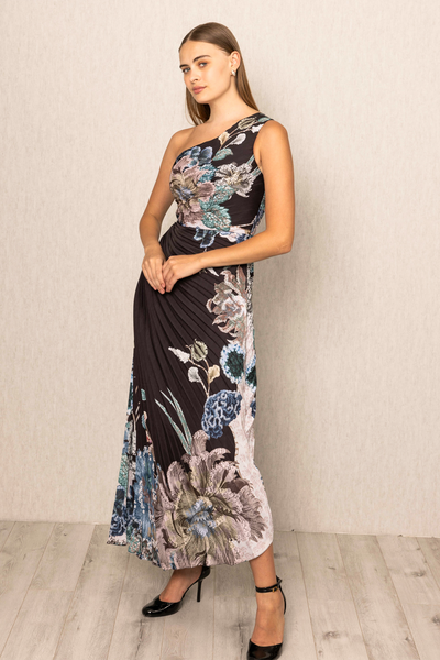 Amelia Asymmetric Pleated Dress by Ranna Gill in one shoulder design in Floral print.