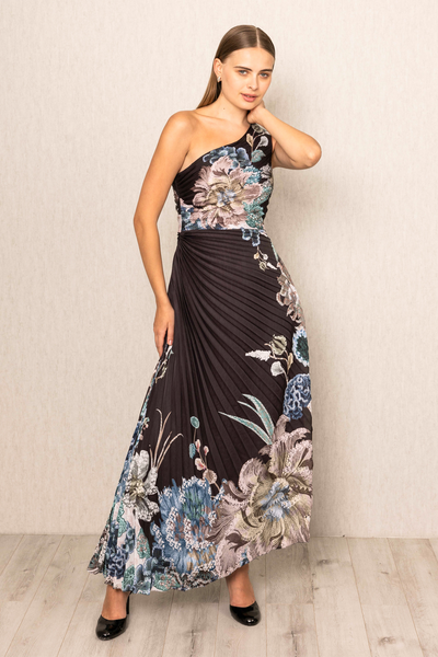 Amelia Asymmetric Pleated Dress by Ranna Gill in one shoulder design in Floral print.