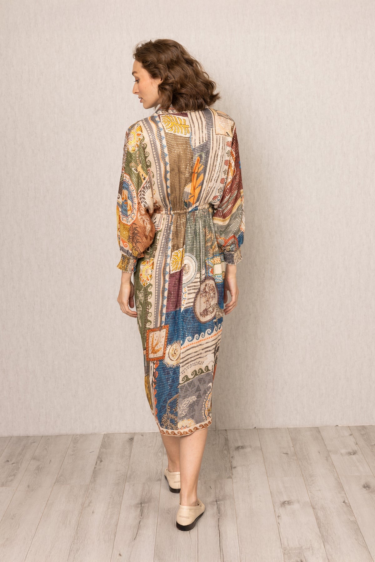 Nowra Kimono Wrap Dress by ranna gill in vibrant boho print, elegant midi length.