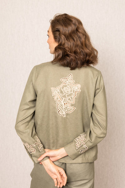 Sage green Rio Buttondown Shirt by ranna gill in Poly Flex with Floral embroidery on collar, panels, sleeves, and hem