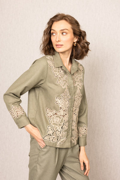 Sage green Rio Buttondown Shirt by ranna gill in Poly Flex with Floral embroidery on collar, panels, sleeves, and hem